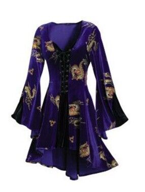 Shrine Purple Asymmetrical Velvet Dress with Dragon Print & Bell Sleeves Sz S
